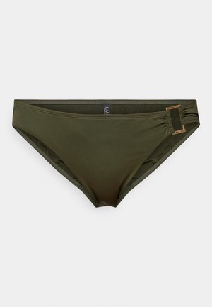 Olivgrön bikiniunderdel i mjukt material med rynkade sidor och guldfärgade detaljer. Enkel och ren design med medelhögt täckande passform.