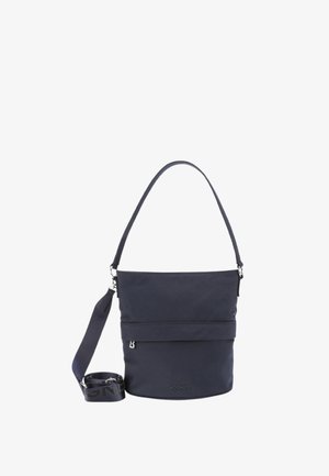 Borsa a secchiello blu navy con doppio manico, tasca frontale con cerniera e tracolla removibile con scritta brandizzata "BOGNER".