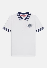Bela polo majica z ovratnikom in manšetami v mornarsko modrih črtah. Na prsih ima diamanten logotip. Narejena je iz bombažne tkanine.