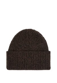 Knitted beanie in dark brown, featuring a textured pattern and a folded cuff. Made from soft, thick yarn for warmth and comfort.