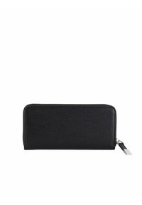 Portafoglio in pelle nera con finitura texture, forma rettangolare, chiusura con zip e un'accensione in metallo argentato sul lato.