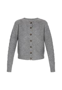 Grauer gestrickter Cardigan mit einem strukturierten Zickzackmuster, Rundhalsausschnitt und sechs Knöpfen auf der Vorderseite. Verfügt über lange Ärmel und einen gerippten Saum.
