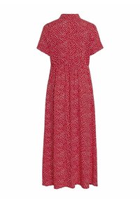 Robe midi rouge à manches courtes, avec un motif blanc tacheté, un col chemise et une taille froncée pour une silhouette fluide.