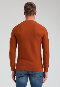 Sweter w kolorze rdzy z prążkowanej tkaniny, okrągłym dekoltem, długimi rękawami i fakturowanym tylnym panelem. Połączony z niebieskimi dżinsami.