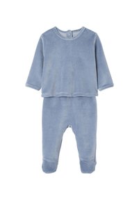 Blue ribbed loungewear set with long sleeves, round neckline, and footed pants. Soft texture, minimal design, suitable for infants.