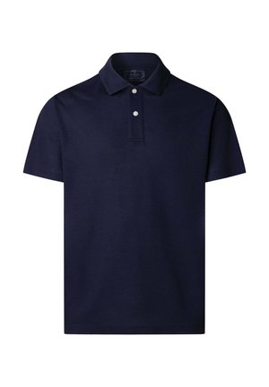 Donkerblauw poloshirt met korte mouwen, een klassieke kraag en twee witte knopen op de knoopsluiting.