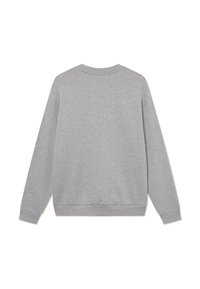 Sweatshirt gri cu mâneci lungi, guler rotund cu nervuri, mansete și tiv cu nervuri. Textură moale, fără logo-uri sau modele vizibile.