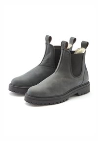 Grey leather chelsea boots with elastic side panels, pull tabs, and rugged rubber soles. Smooth texture with minimal stitching details.