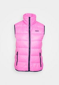 Leuchtend pinke, ärmellose Pufferweste mit hohem Kragen, schwarzem Frontreißverschluss, zwei Reißverschluss-Taschen und "HUGO"-Logo auf der linken Brust.