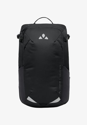 Black backpack with a textured fabric, featuring a top handle, adjustable straps, and reflective accents. Displaying branding on the side.