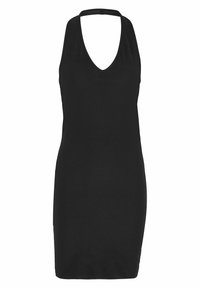 Svart randig miniklänning med V-ringning, halterneck-band och åtsittande silhuett. Slät textur utan ytterligare mönster eller accenter.