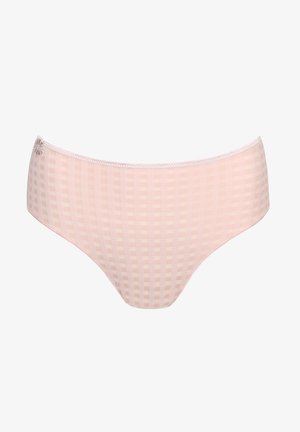 Slip da colazione a quadretti rosa chiaro con una morbida texture, caratterizzato da un elegante pizzo decorativo e un piccolo accento floreale sul lato sinistro.