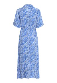 Modré a biele midi šaty s krátkymi rukávmi, abstraktným vzorom listov a bodiek, elastickým pásom a košeľovým golierom, zobrazené zozadu.