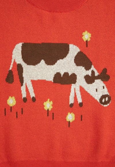 Illustration d'une vache brune et blanche avec des fleurs sur un fond de tissu en tricot orange vif.