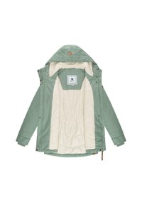 Green outer jacket with a light beige lining, featuring a hood, snap buttons, and ribbed cuffs. Inside label displays brand name.