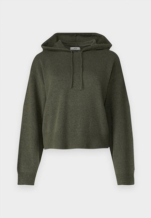 Olivenfarvet cropped hoodie lavet af et tekstureret stof, med hæklet hætte og ribbede manchetter og kant. Simpel, afslappet design.