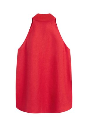 Rød ærmeløs haltertop med høj halsudskæring og løs pasform, vist bagfra på en ensfarvet hvid baggrund.