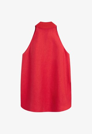 Rød ærmeløs haltertop med høj halsudskæring og løs pasform, vist bagfra på en ensfarvet hvid baggrund.