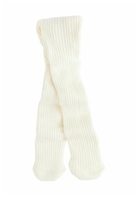 Cream-colored ribbed socks made of soft fabric, featuring a long length and a smooth texture with rounded toes.