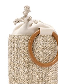Borsa in paglia intrecciata con chiusura a cordoncino in tessuto beige e manico circolare in legno. Superficie testurizzata con toni neutri.