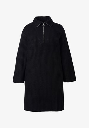 Schwarzes, geripptes Kleid mit Kragen und einem halbhohen Reißverschluss vorne. Es hat lange, weite Ärmel und eine lockere Passform und besteht aus einem strukturierten Strickmaterial.