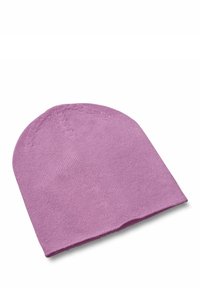 Cappello beanie lavorato a maglia di colore viola con una consistenza morbida, parte superiore arrotondata e design senza cuciture. Presenta dettagli di cucitura sottili lungo il bordo.