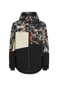 Skijack met een zwarte basis en een camouflagepatroon in witte, bruine en rode accenten; inclusief een capuchon, ritssluiting en verstelbare manchetten.