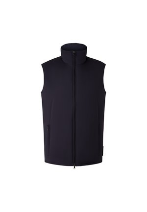 Zwarte mouwloze vest met een hoge kraag, rits aan de voorkant en zijzakken, gemaakt van glad, lichtgewicht materiaal.