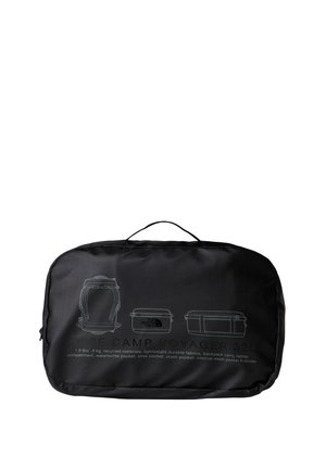 Black travel bag made from recycled materials, featuring lightweight fabric, graphic outlines of compartments, and multiple pockets for organization.
