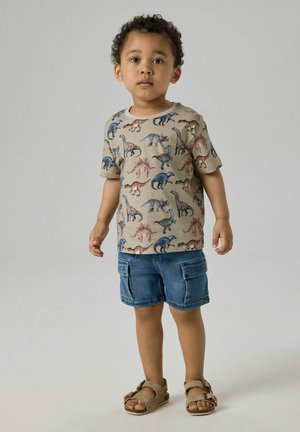 Batolisko stojí, má na sebe béžové tričko s potlačou dinosaura, modré cargo šortky a hnedé sandále na jednofarebnom sivom pozadí.