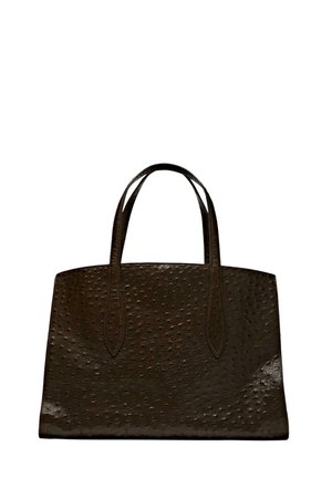 Borsa tote in pelle marrone scuro con una superficie texture caratterizzata da punti in rilievo, due manici robusti e una forma rettangolare strutturata.
