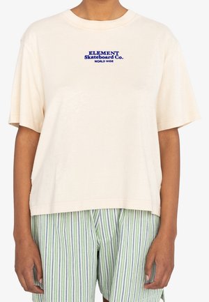 Crèmekleurig katoen T-shirt met korte mouwen, voorzien van een blauw geborduurd logo "ELEMENT Skateboard Co. WORLD WIDE" op de voorkant.