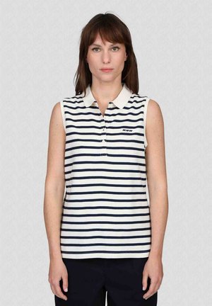 Débardeur polo à rayures horizontales bleu marine et blanches, doté d'un col classique et d'un petit logo brodé sur la poitrine.