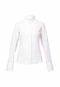 Camicia bianca a maniche lunghe in cotone. Caratterizzata da un colletto dritto, una patta frontale e polsini con una texture liscia e lucida.