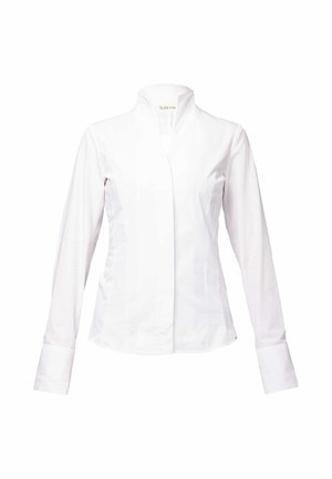 Witte blouse met lange mouwen van katoen. Heeft een staande kraag, een placket aan de voorkant en manchetten met een gladde, gepolijste textuur.