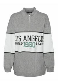 Grijze sweatshirt met een halve ritssluiting in de kraag, featuring een witte streep met "LOS ANGELES UNITED STATES 1990" in zwarte en groene tekst.