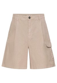 Shorts décontractés beige longueur genou, avec fermeture à boutons à l'avant, passants pour ceinture, poches latérales, et une poche à rabat sur la jambe droite.
