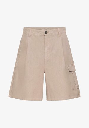 Beige afslappede shorts til knæet med knaplukning foran, bærestropper, sidelommer og en klaplomme på højre ben.