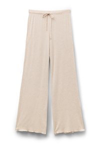 Pantalons beige à jambe large en tissu doux, dotés d'une taille élastique avec cordon de serrage et d'une coupe droite et fluide.