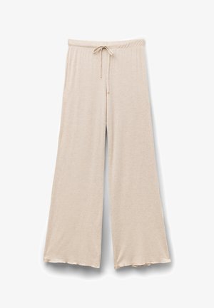 Beige weite Bein-Hosen aus weichem Material, mit einem elastischen Bündchen und einer Kordelzug, in einem geraden, fließenden Design.