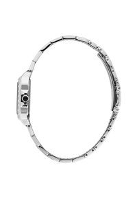 Silberne Metallarmbanduhr mit rechteckigem Zifferblatt, abgerundeten Kanten und einem polierten Armband mit rechteckigen Gliedern sowie einer seitlichen Krone.