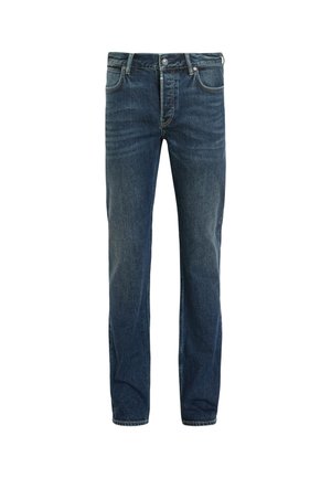 Jeans de mezclilla azul oscuro con un corte recto, que presentan un diseño clásico de cinco bolsillos y una cremallera con cierre de botón.