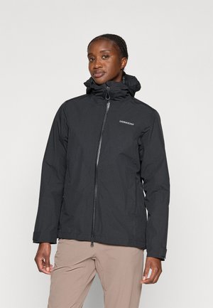 Black waterproof jacket with a zip closure and adjustable hood. Features side pockets and a smooth, matte texture. Brand logo visible.