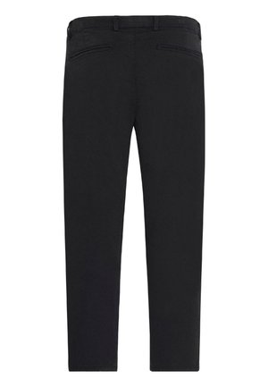 Black, slim-fit pants with a smooth texture, featuring two back pockets and a standard waistband. Clean design with no visible embellishments.