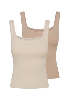 Dwie koszulki na ramiączkach w jasnym beżu i ciemnym beżu. Wykonane z prążkowanej tkaniny, z kwadratowym dekoltem i szerokimi ramiączkami.