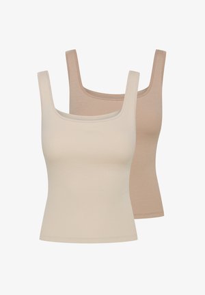 Dwie koszulki na ramiączkach w jasnym beżu i ciemnym beżu. Wykonane z prążkowanej tkaniny, z kwadratowym dekoltem i szerokimi ramiączkami.