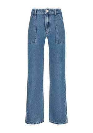 Helleblaue Jeans aus Denim mit hoher Taille und weitem Bein, ausgestattet mit zwei Vordertaschen und einem einzigen Metallknopfverschluss.