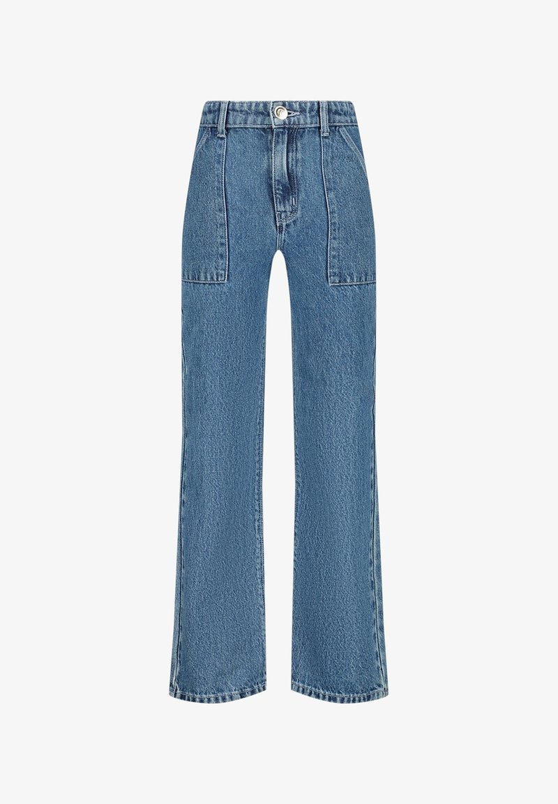 Jeans en denim bleu clair à taille haute, coupe large, dotés de deux poches avant et d'une fermeture à bouton en métal.