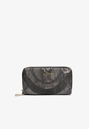 Portafoglio nero e grigio con cerniera su tutto il perimetro, con texture astratta e logo firma dorato sul davanti, cursore della cerniera visibile sul lato sinistro.