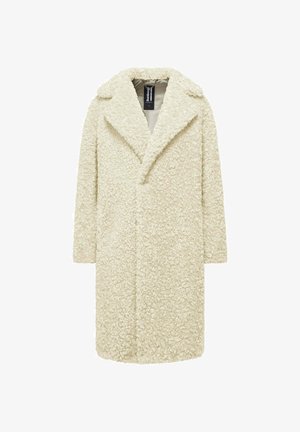 Crème-kleurige, lange teddyjas met brede revers en een pluche, krullende textuur, ontworpen voor warmte en stijl.